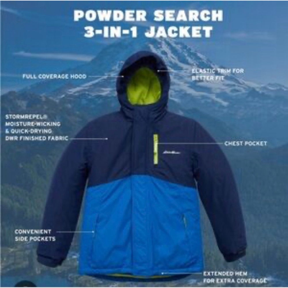 BOYS EDDIE BAUER PUFFER JACKET SIZE L (14)BLUE NAVY POWDER SEARCH" 3-IN-1